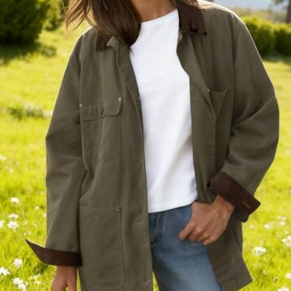 Oversized Utility Barn Jacket Vintage Workwear Corduroy Collar Casual Coat - Picture 5 of 8